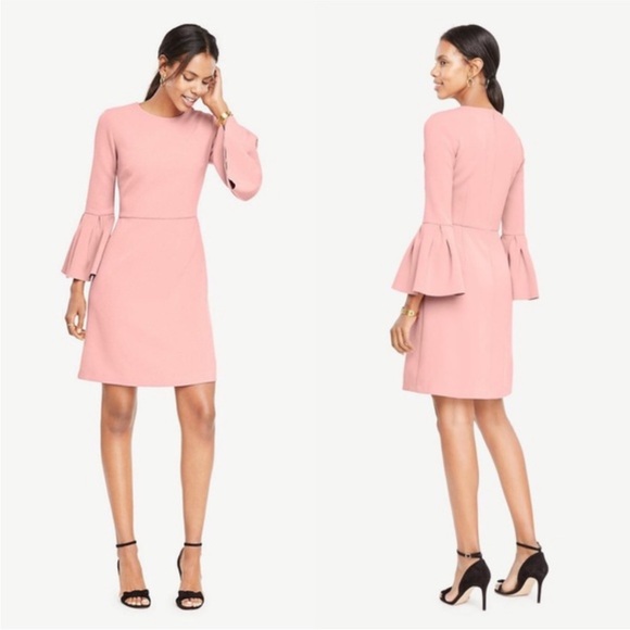 NWT Ann Taylor Women’s 12 Petite Long Bell Sleeve Flare Dress Pink Sea Shell - Picture 2 of 16